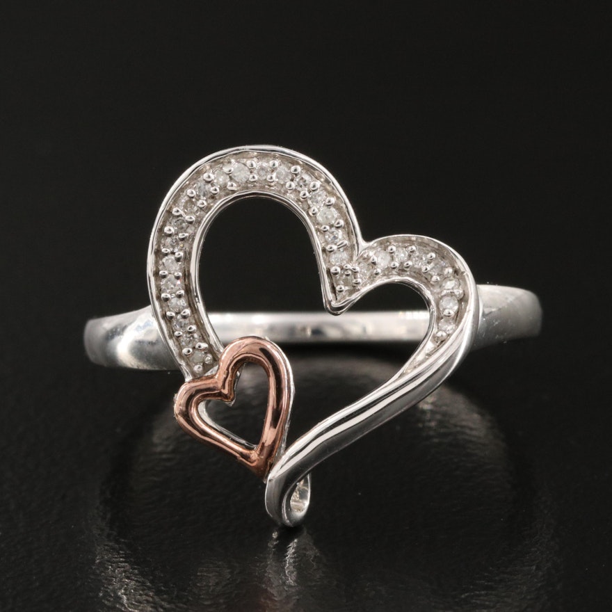 Sterling Diamond Heart Ring with 10K Rose Gold Heart Accent