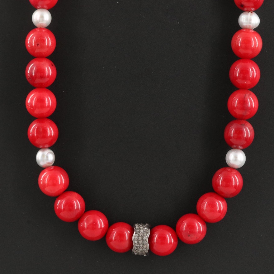 Sterling Necklace Including Coral, Pearl and Diamond