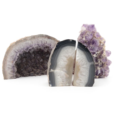 Agate Geode Bookends with Amethyst Geode Specimens