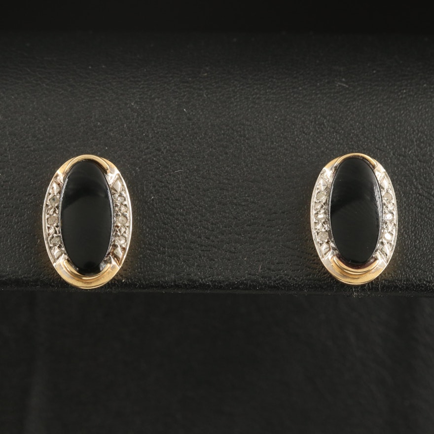 14K Black Onyx and Diamond Oval Earrings