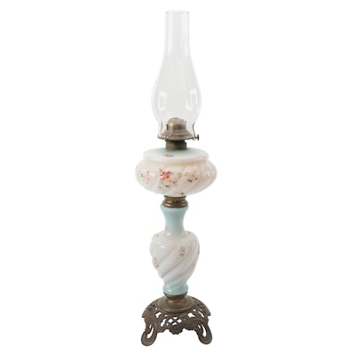 Hand-Painted Milk Glass Oil Lamp with Glass Chimney, Early 20th Century