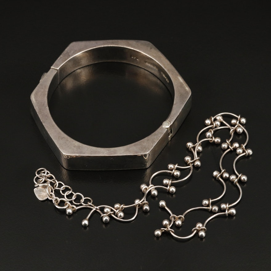 Mexican Sterling Hinged Bangle Paired with Curved Bar Necklace