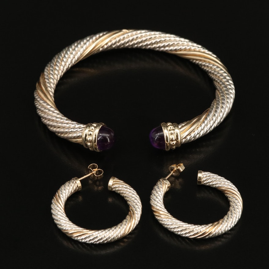 Sterling Amehtyst Twisted Cable Cuff and Hoop Earrings with 14K Accents