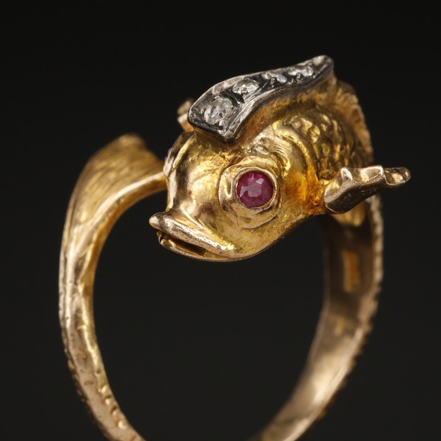 14K Ruby and Diamond Fish Bypass Ring with Sterling Accents