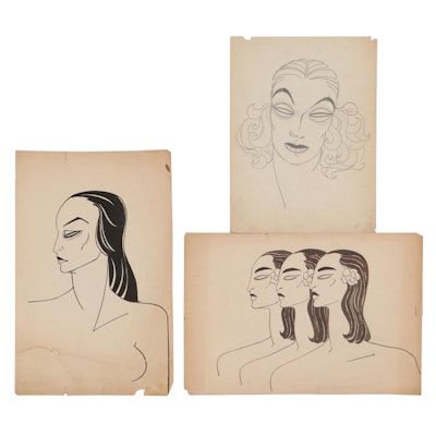 Illustrative Figural Ink Drawings, 20th Century