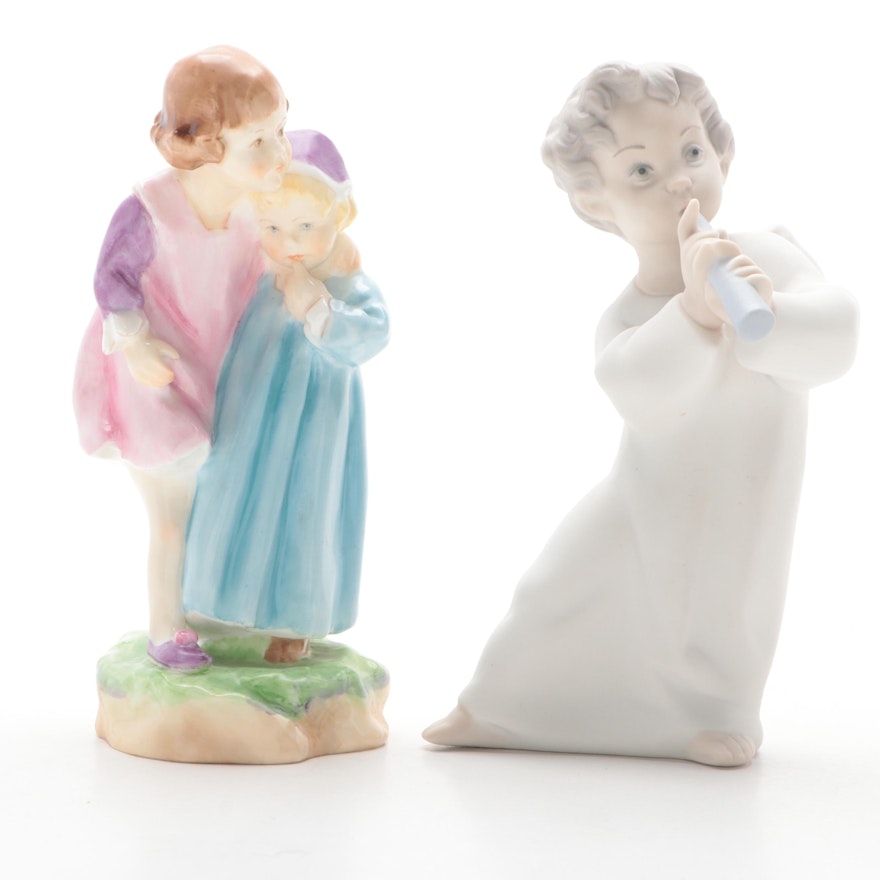 Lladró "Angel with Flute" and Royal Worcester "Babes in the Woods" Figurines