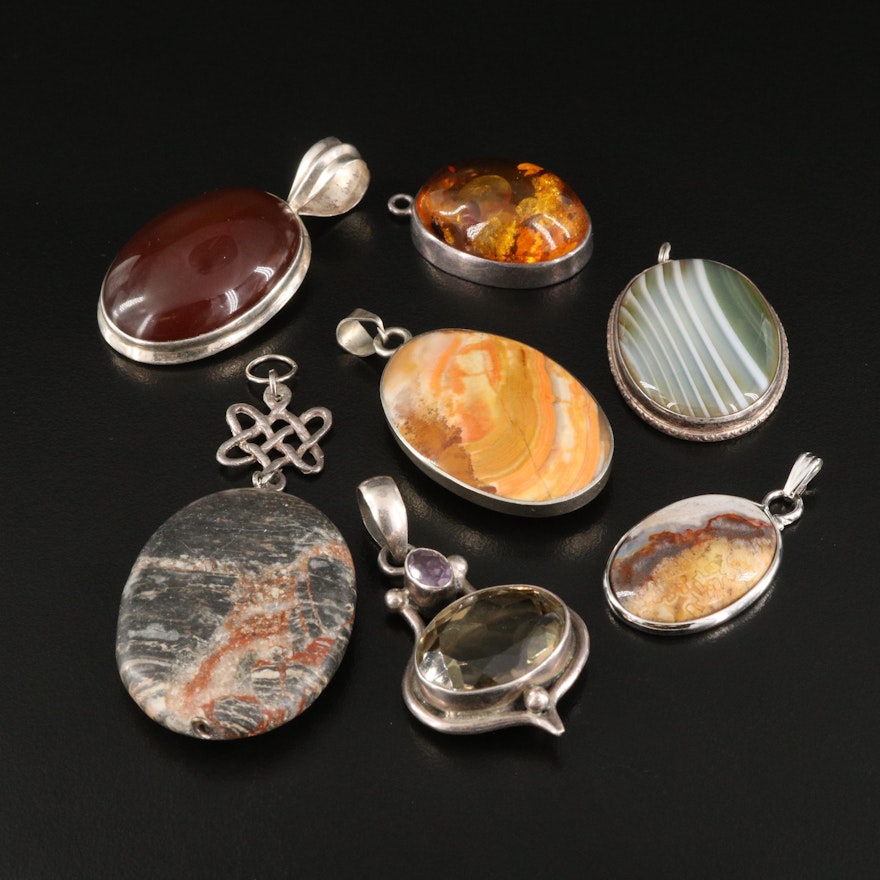 Sterling Pendants Including Agate, Amber and Smokey Quartz