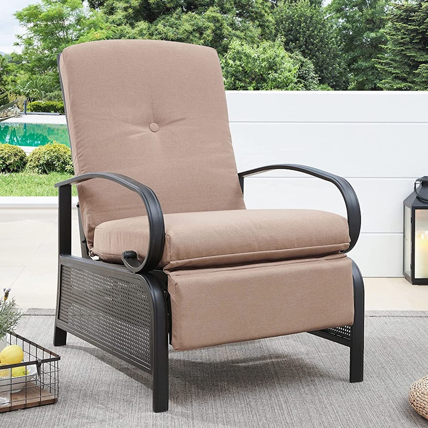 Ulax Furniture Steel Patio Recliner with Beige Cushions