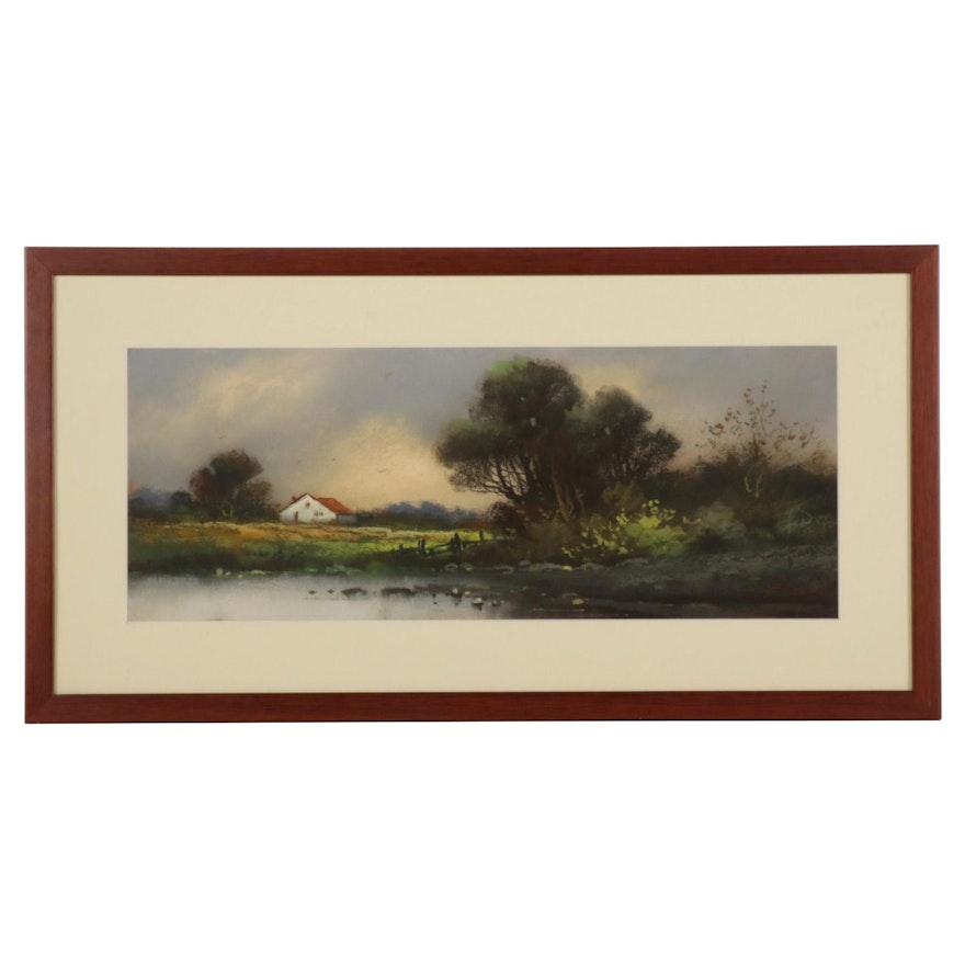 Landscape Pastel Drawing of Rural Pond and Distant Farmhouse, Early 20th Century
