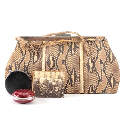 Python Snakeskin Frame Handbag with Wallet and Kiss Lock Jewelry Cases
