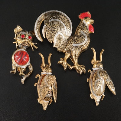 Vintage Spanish Damascene Brooches with Rooster, Insects and Cat