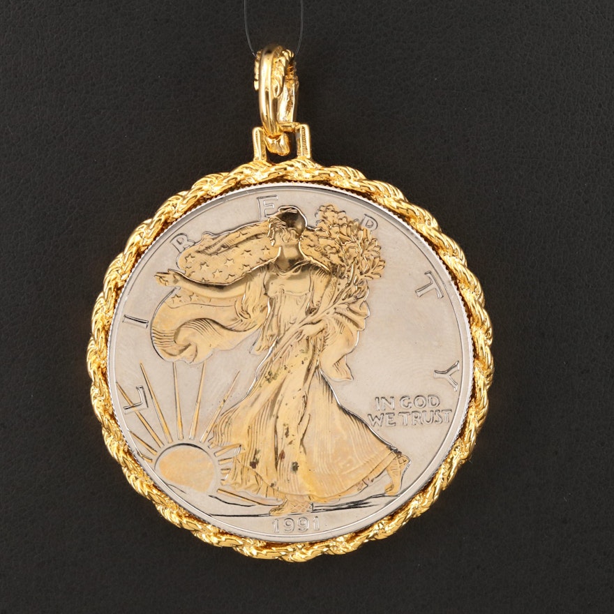 1991 One Dollar "Gold Highlighted" Silver Eagle Coin Pendant
