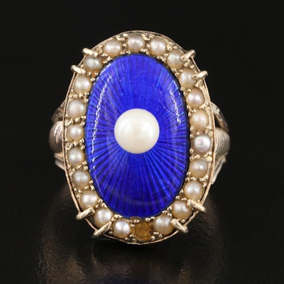Antique 10K Pearl and Guilloché Enamel Ring