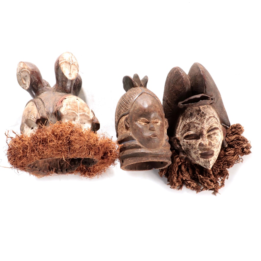 Fang, Punu and Mende Style Wood and Fiber Masks, Central and West Africa