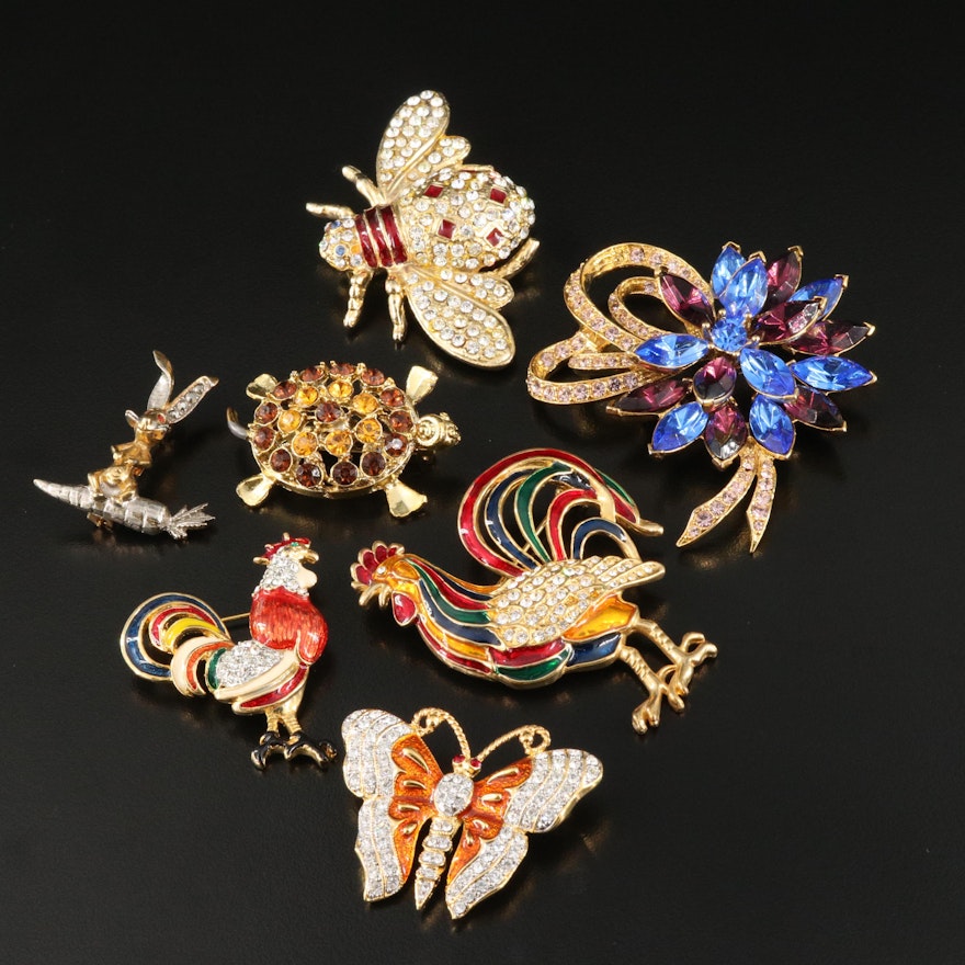 Vintage Brooches Including Roosters, Turtle, Butterfly and Jent Floral Spray