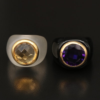 Carved Black Onyx and Quartz Rings Set with 14K Amethyst and Citrine