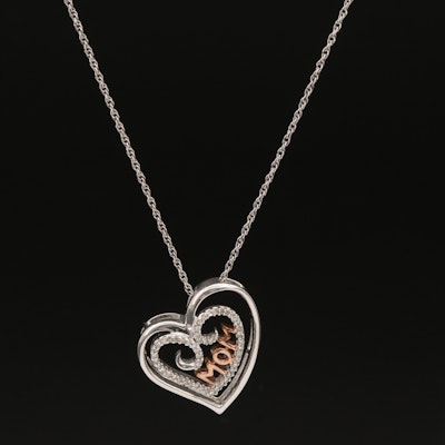 Sterling Diamond "MOM" Heart Pendant Necklace