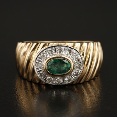 Italian 14K Emerald and Diamond Ring with Fluted Shoulders