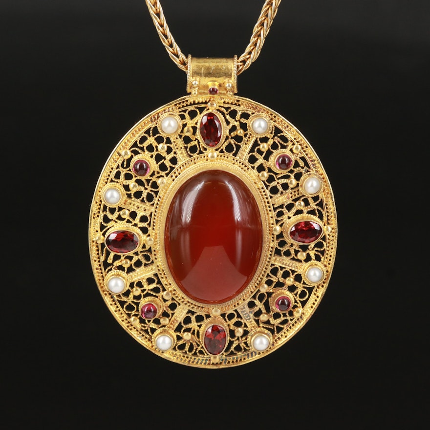 Sterling Carnelian, Garnet and Pearl Pendant Necklace