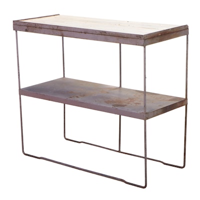 Industrial Metal and Slatted Wood Two-Tier Console Table, 20th Century