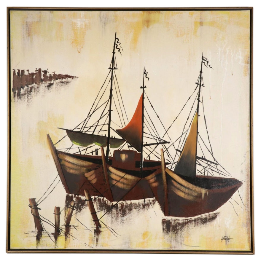 Sailboats Tied to Pile Moorings Oil Painting, Late 20th Century