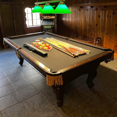 Simonis Cloth Lined 3-Piece Slate Pool Table with Cues, Balls and Accessories