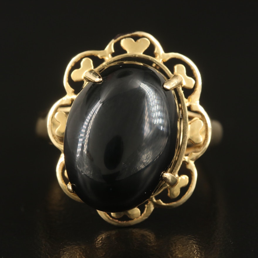 14K Black Onyx Ring with Openwork Heart Frame Ring