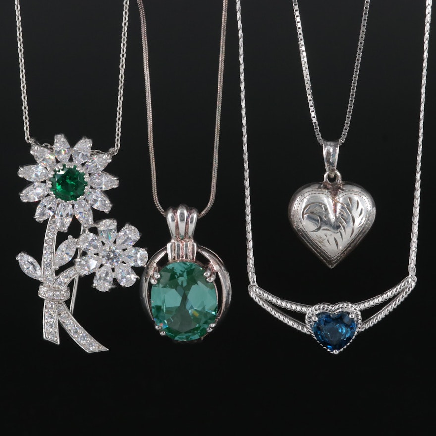 Sterling Spinel and Cubic Zirconia Pendant Necklaces with Flowers and Hearts