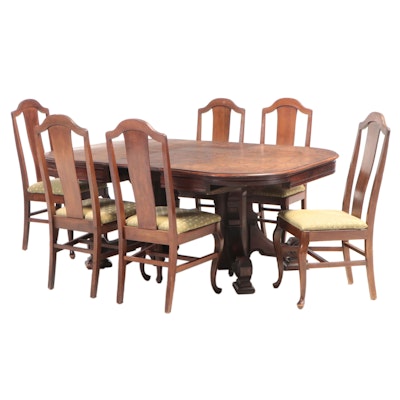 Victorian Burl Walnut Dining Table with Five Queen Anne Style Chairs