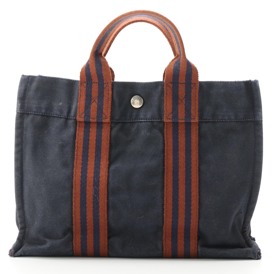 Hemès Fourre Tout PM Tote Bag in Navy/Rust Cotton Canvas
