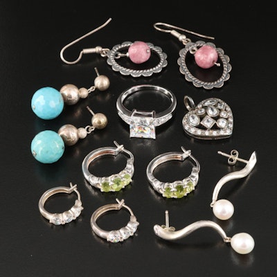 Sterling Earrings and Ring Including Pearl, Faux Turquoise and Cubic Zirconia