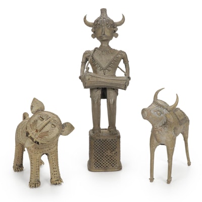 Dhokra Metal Drummer, Tiger and Ox Figurines