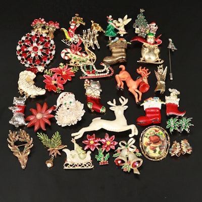 Christmas Brooches Featuring Rhinestones and Enamel