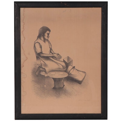 Figural Charcoal Drawing of a Kneeling Woman, 1939