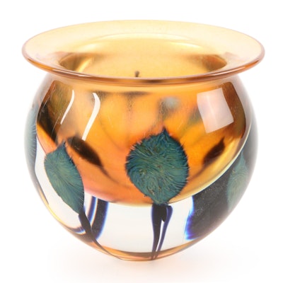 David Lotton Blown Iridescent Floral Motif Studio Art Glass Vase, 2004