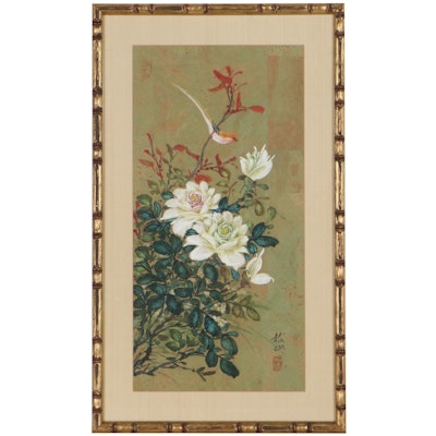 East Asian Style Mixed Media Painting of Bird Perched Among Flowers, Circa 2000