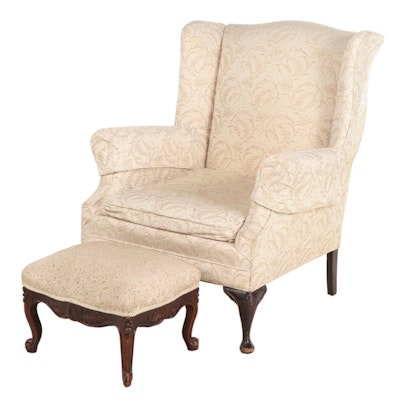 Queen Anne Style Wingback Chair with Footstool, Early to Mid-20th Century