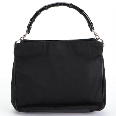 Gucci Nylon and Leather Handbag in Black with Bamboo Handle