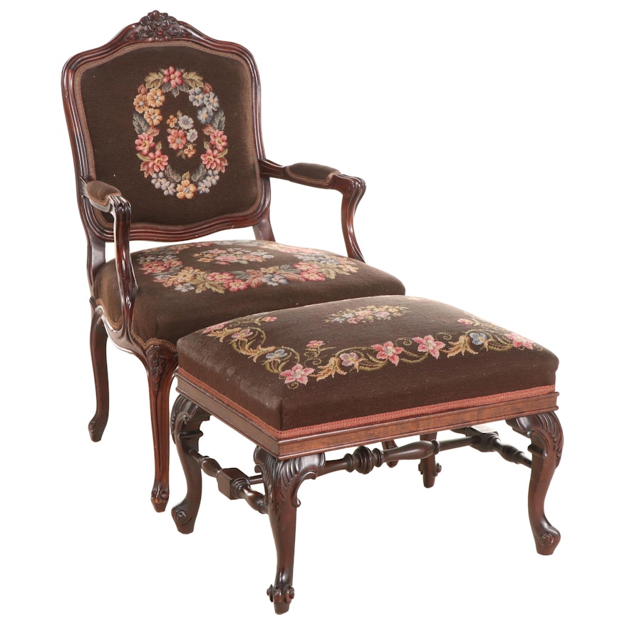 Louis XV Style Carved Mahogany Chair and Ottoman with Needlepoint, 1940s