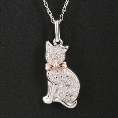 Sterling Diamond Cat Pendant Necklace with 10K Rose Gold Accents