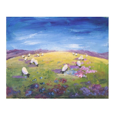 Mia Wyle Acrylic Painting "Sheep With Flowers," 21st Century