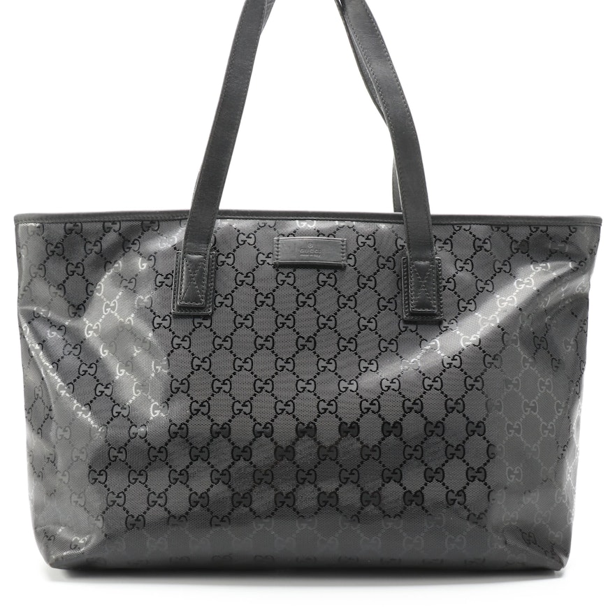 Gucci Horizontal Shoulder Tote Bag in Black GG Imprime Canvas and Black Leather