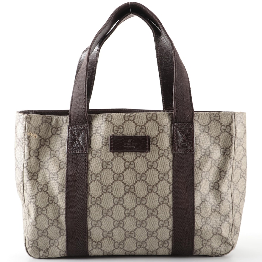 Gucci Small Shopper Tote Bag in GG Supreme Canvas and Dark Brown Leather