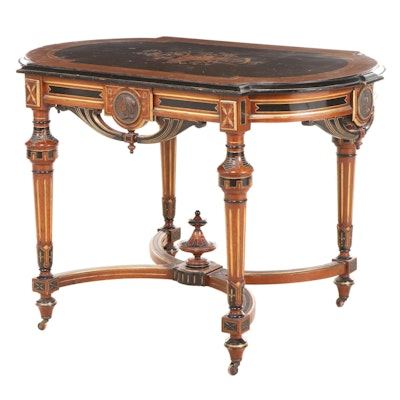 Victorian Parcel-Gilt, Ebonized and Inlaid Center Table with Bronze Medallions