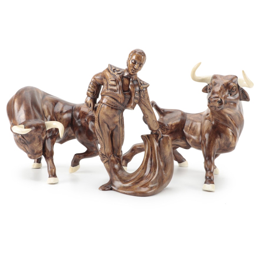 Matador with Bulls Painted Ceramic Figurines, Mid to Late 20th Century