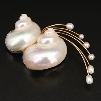 Betsy Fuller Sterling Shell and Pearl Spray Brooch with 14K Accent