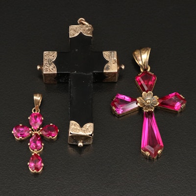 Trio of Gemstone Cross Pendants Including Victorian Jet