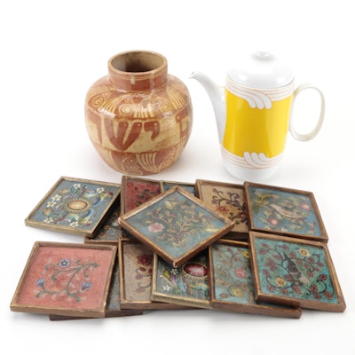 Foil Backed, Painted Coasters with Israeli Vase and Rosenthal "Duo" Coffee Pot