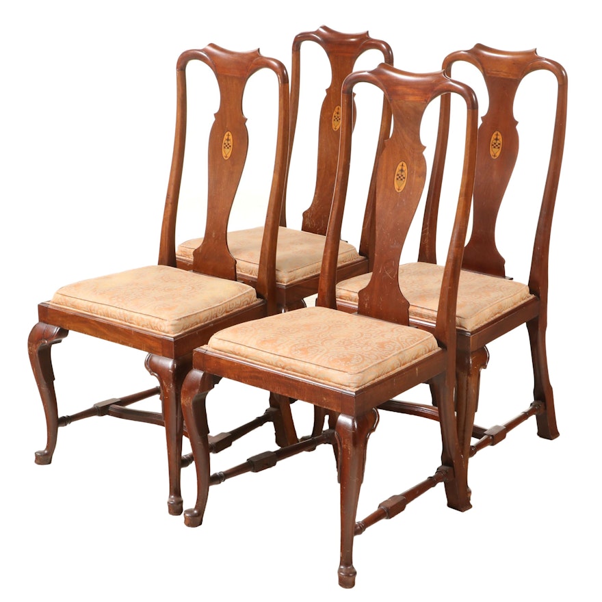 Four Queen Anne Style Mahogany and Marquetry Side Chairs, 20th Century