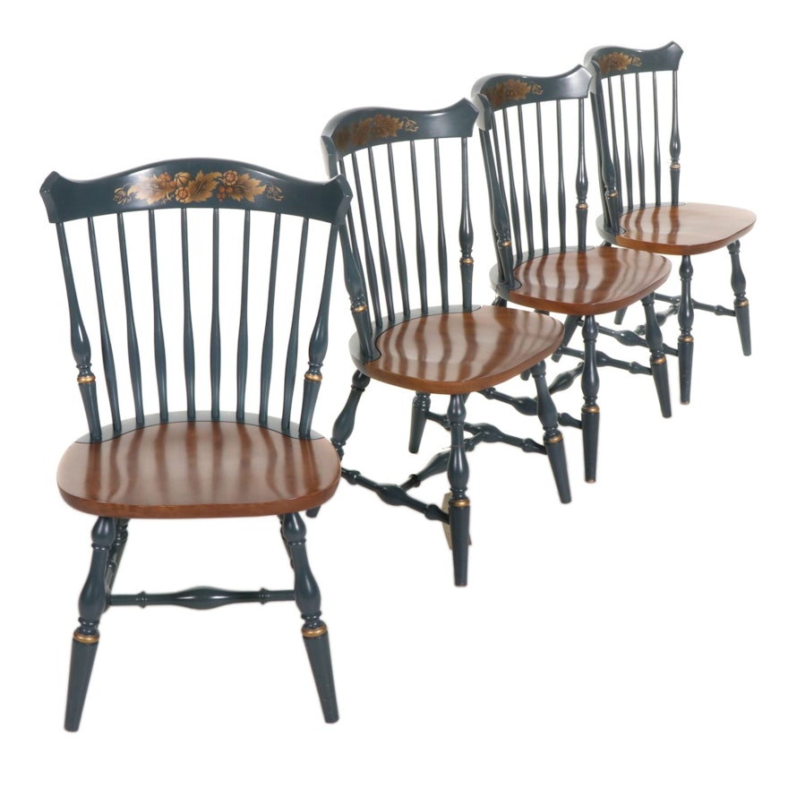 Four Hitchcock Colonial Revival Blue Painted Maple Fan-Back Windsor Chairs